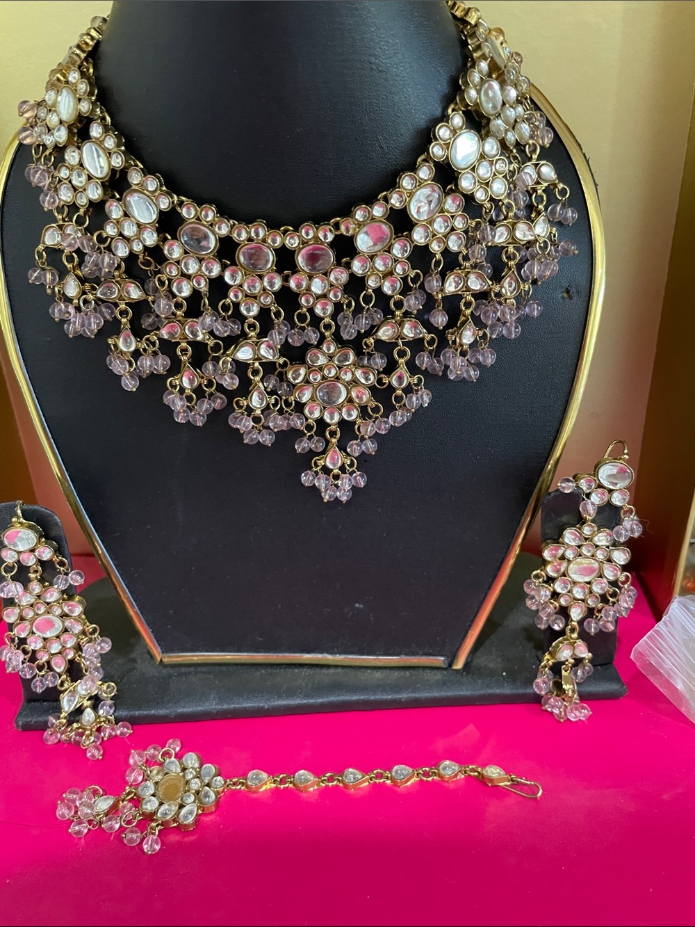 Elegant Pink and Gold Kundan Necklace Set - Women Jewelry